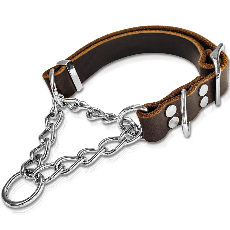 Leather Martingale Dog Collar, Soft Genuine Cowhide Handmade Assembled Stainless Steel Chain Martingale Collar Adjustable for Medium Large Dogs Pets. (L, Neck 20-25"(Martingale)) L, Neck 20-25"(Martingale)