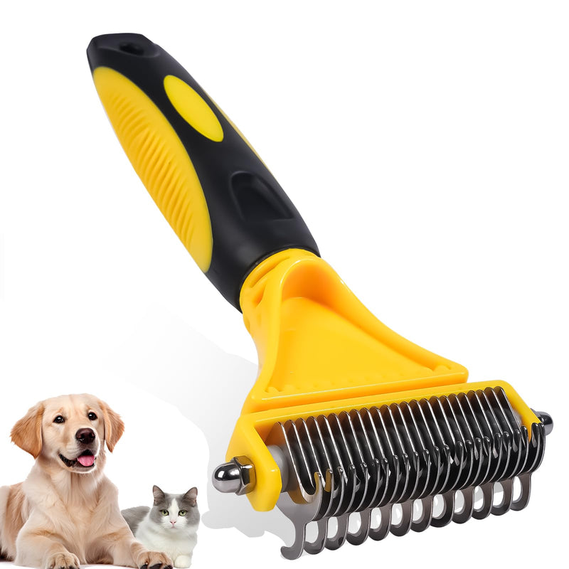Pet Grooming Brush, Double Sided Undercoat Rake for Dogs & Cats, Professional Deshedding Brush and Dematting Tool, Safe and Effective Removing Knots, Mats, Tangles,and Flying Hair Yellow - PawsPlanet Australia