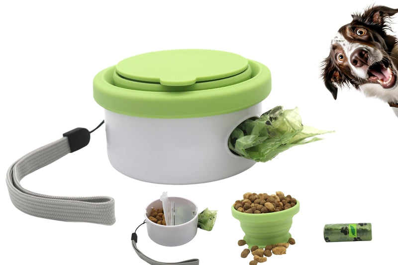 Travel Dog Bowls, 3 in 1 Design Dog Travel Feeding Bowl, Treat Container with Collapse Bowl&Dog Poop Bag Holder, Foldable Feeding Watering Dish for Traveling Camping Walking Parks, with 1 Poop Bag 1 Pack Green - PawsPlanet Australia