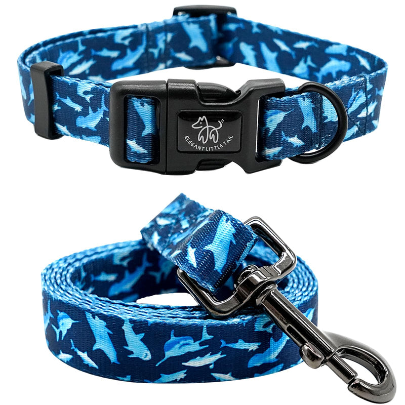 Elegant little tail Dog Collar with Leash, Shark Print Pet Collar Leash Adjustable Collar for Small Medium Large Dogs Soft Puppy Collars with Quick Release Buckle Girl Boy Dog Collars Small (Pack of 1)
