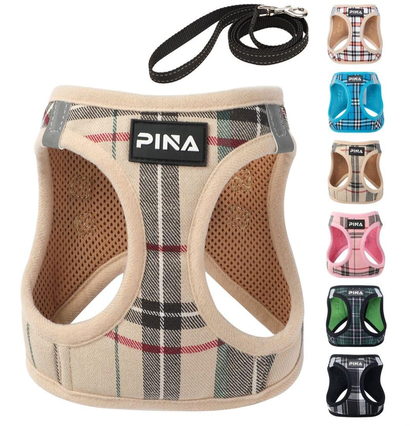 PINA No Pull Dog Harness and Leash Set - Breathable Mesh, Lightweight, Adjustable for Small to Medium Dogs - Easy On and Off M (Neck:13-16" , Chest:17-18") Khaki Plaid - PawsPlanet Australia