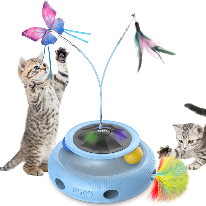 Cat Toys，3 in 1 Interactive Cat Toys for Indoor Cats，Automatic Kitten Toys with Fluttering Butterfly, Track Balls and Random Moving Ambush Feather，Rechargeable Feather Toys (sky blue) sky blue - PawsPlanet Australia
