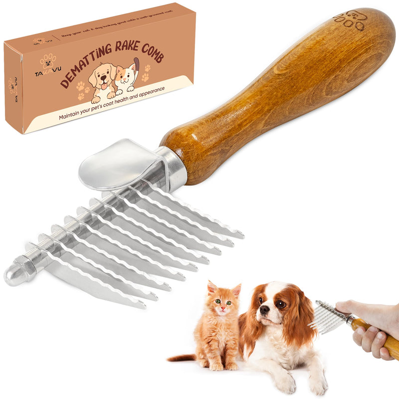 TAKAVU Dematting Fur Rake Comb Brush for Dogs and Cats, Safety Steel Blades Detangling Pet Brush, Undercoat Grooming Brush Cutting and Removing Dead Matted Knotted Hair for Doodles Poodles Terrier - PawsPlanet Australia