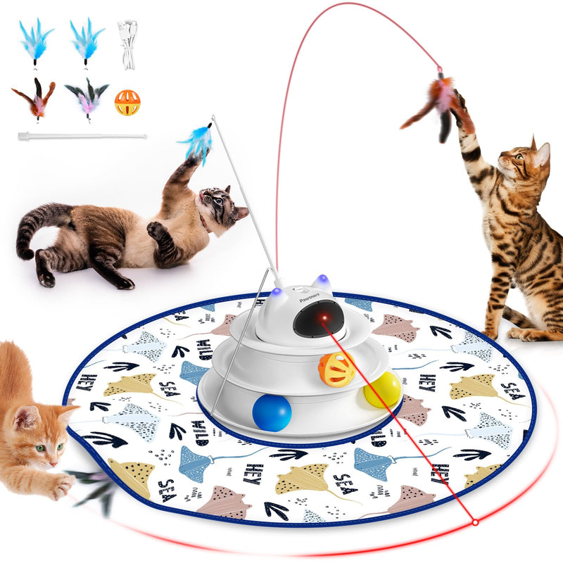 Interactive Cat Toy: 5 in 1 Automatic Cat Toy for Indoor Cats, Rechargeable Hide and Seek Toy with PVC Cover, Battery Operated Kitten Laser Toy, Self Play Fluttering Feather Wand with Track Ball - PawsPlanet Australia