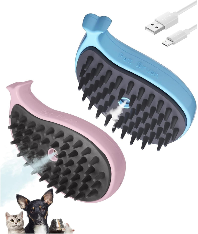 3 in 1 Cat Steamy Brush with Care Solution 2Pcs - Electric Spray Grooming Comb for Cats Dogs, Steaming Silicone Massage Brush - Self Cleaning Pet Hair Remover - Blue & Purple - PawsPlanet Australia