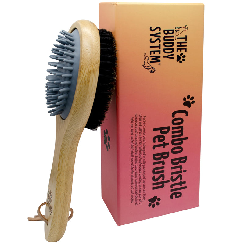 The Buddy System Combo Bristle Pet Brush, 2-in-1 Brush, Durable Rubber Side and Soft Boar Bristle Side - All Pets and Coat Lengths - Top Coat Massage for Cats & Dogs - 1 Pack