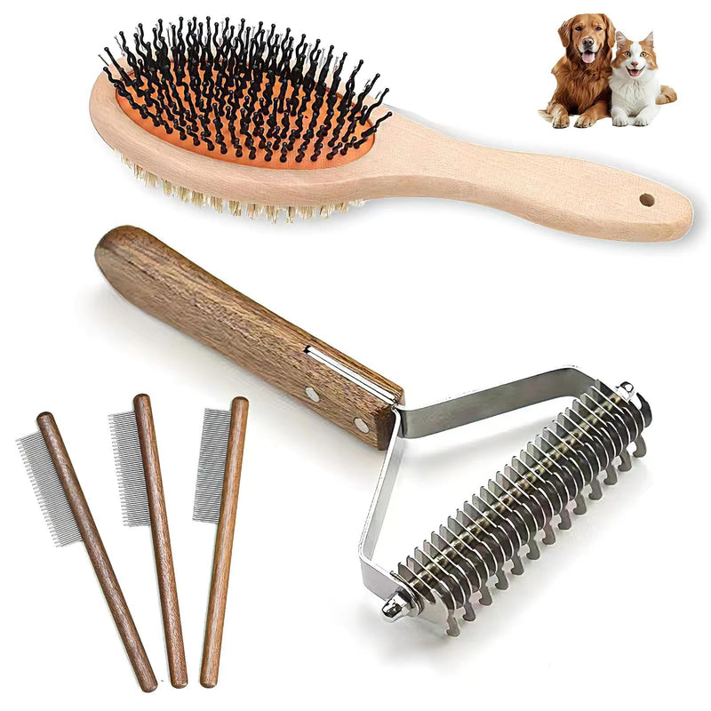 5-piece pet grooming set - solid wood hair removal brush with metal comb - hair removal comb, smoothing brush, and steel comb, used for combing and removing long and tangled hair on cats and dogs brown - PawsPlanet Australia