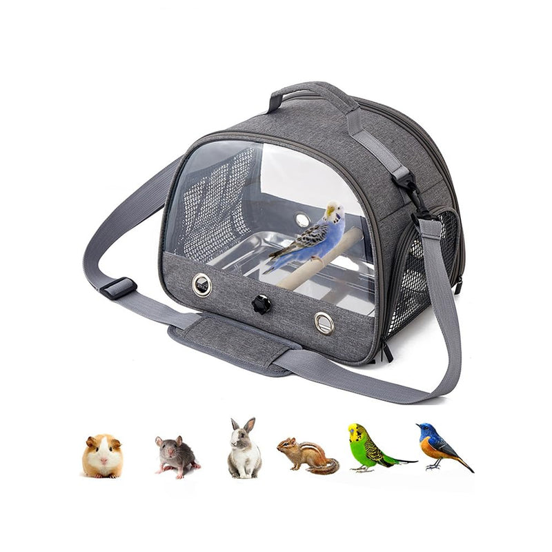 Bird Travel Carrier with Stainless Steel Tray,Lightweight Breathable Parrot Cage with Removable Wooden Stand Stick and Long Shoulder Strap,Bird Cages for Parakeets Budgie grey 33*26*24CM - PawsPlanet Australia