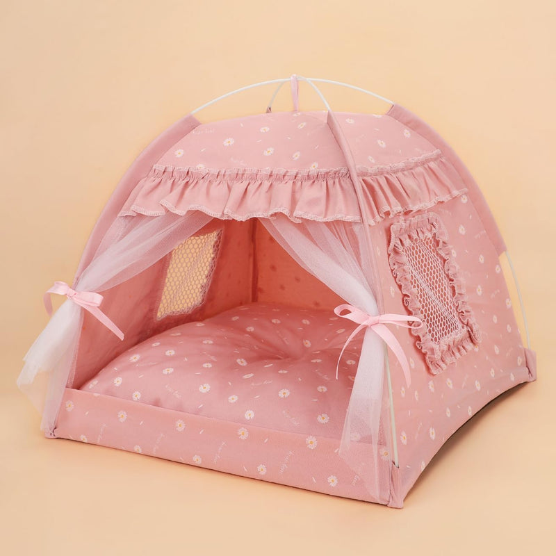 Cat Bed Tents Dog House Indoor Outdoor Lace Mesh Breathable Windows Door Curtains Removable Portable Nest Teepe House (Small,Pink(Ruffled Teim)) Small Pink(Ruffled Teim) - PawsPlanet Australia
