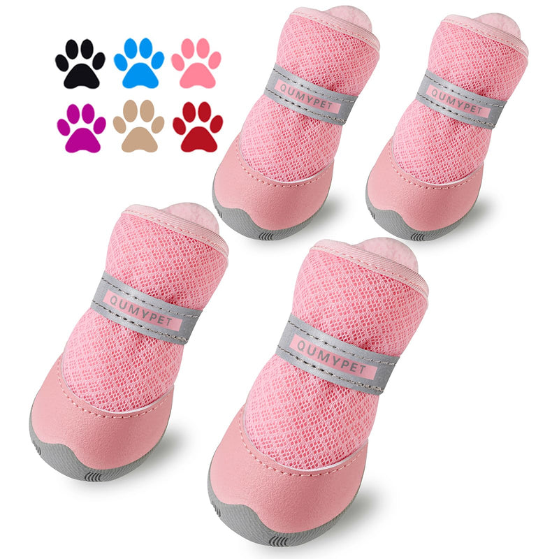 QUMY 4PCS Dog Shoes for Small Dogs, Hot Pavement Summer Puppy Dog Boots & Paw Protectors with Soft Anti-Slip Rubber Sole, Mesh Breathable Dog Booties for Hardfloors, Walking Running Pink Size 2 size 1: 1.29"x0.98"(L*W) - PawsPlanet Australia