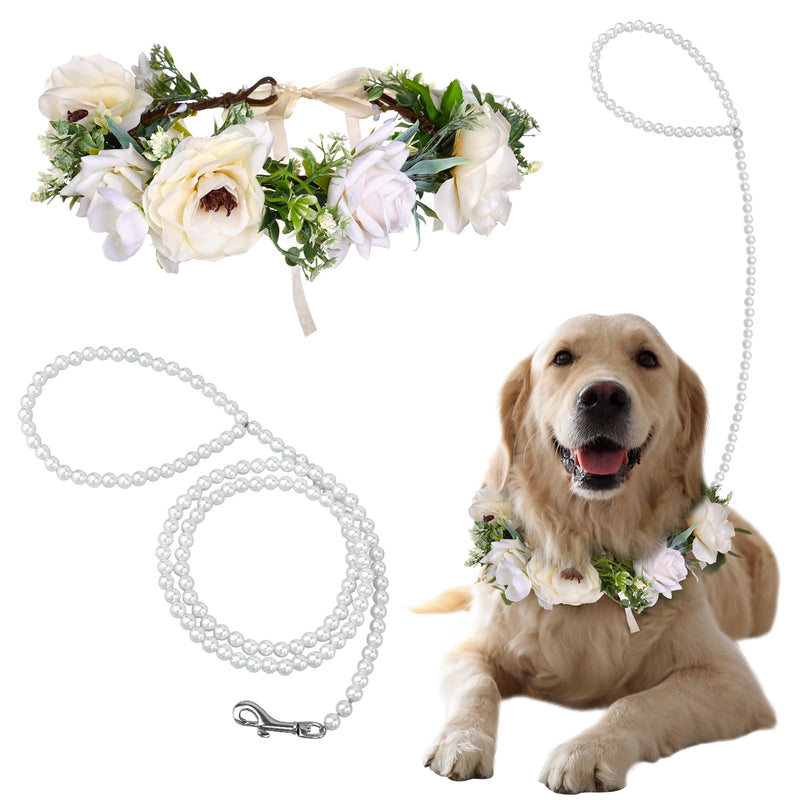 Pearls by Dog Wedding Collar and Leash Set - Elegant Flower Headband with Beaded Pearls - Adjustable Floral Collar (Medium) - PawsPlanet Australia