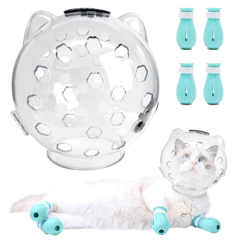 Fhiny Cat Muzzle,Transparent Helmet with 4 Boots Adjustable Breathable Kitty Hood Anti Bite Bubble Astronaut Mask Silicone Claw Covers for Cats Bathing Shaving Grooming (Small) Small - PawsPlanet Australia
