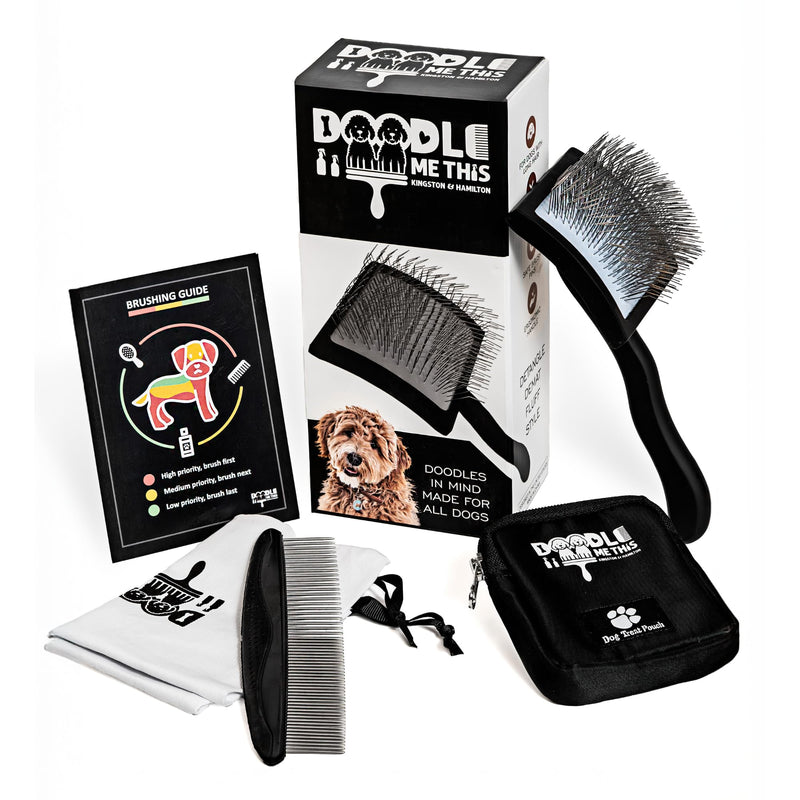 Slicker Brush for Dogs Kit by Doodle Me This Kingston and Hamilton includes comb treat pouch bag and guide turns stressful grooming into bonding gently detangles matted curly wavy coats at home - PawsPlanet Australia
