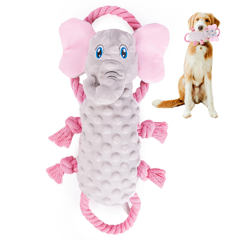 Squeaky Dog Stuffed Animals Chew Toy - Crinkle Paper Tug of War Rope Plush Dog Toy - Soft Tough Squeaker Dog Entertainment Toys for Home Alone - Fun Boredom Busters for Dogs - Elephant - PawsPlanet Australia