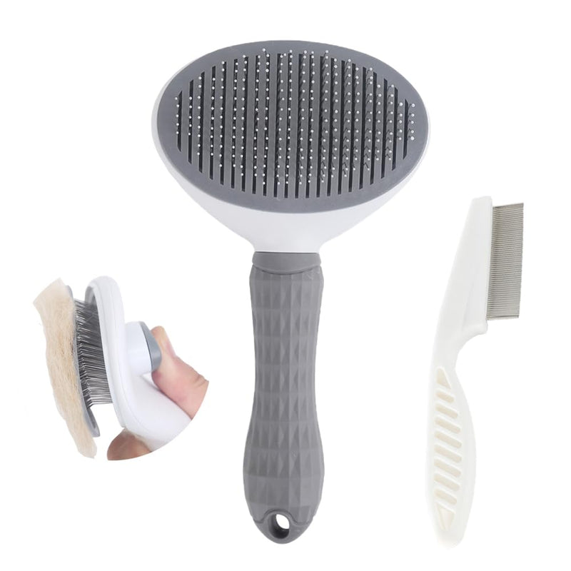 Cat Brush with Release Button, universal for cats and dogs, one click release, brush and flea comb combination set，Pet Hair Comb Tear Stay Removal, knotted skin floating hair tangled fleas (Grey) Grey - PawsPlanet Australia