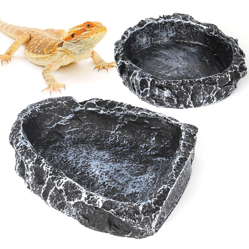 Reptile Water Dish Food Bowl for Bearded Dragon Tank Accessories, Hygger zoo Reptile Rock Feeder for Reptile Tank 2 Pack Corner Resin Terrarium Bowl for Leopard Gecko Hermit Crab Tortoise Snake, Black - PawsPlanet Australia