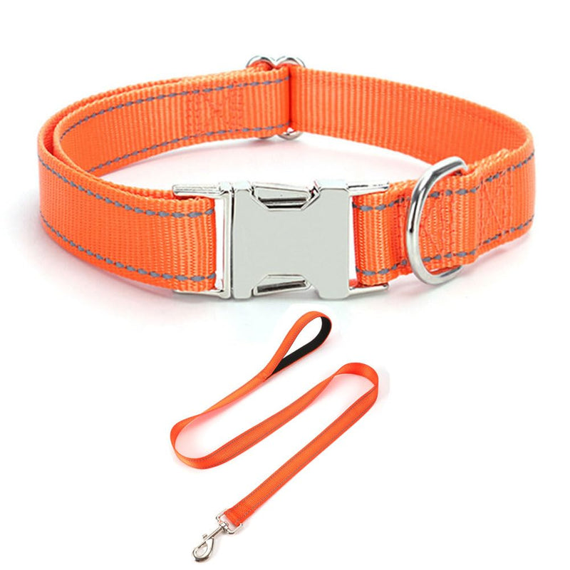 Reflective Dog Collar and Leash Set with Metal Buckle, Soft Sturdy Nylon Dog Collars with Quick Release Buckle, Adjustable Pet Collars with with ID Tag Ring for Small Medium Large Dogs Orange - PawsPlanet Australia