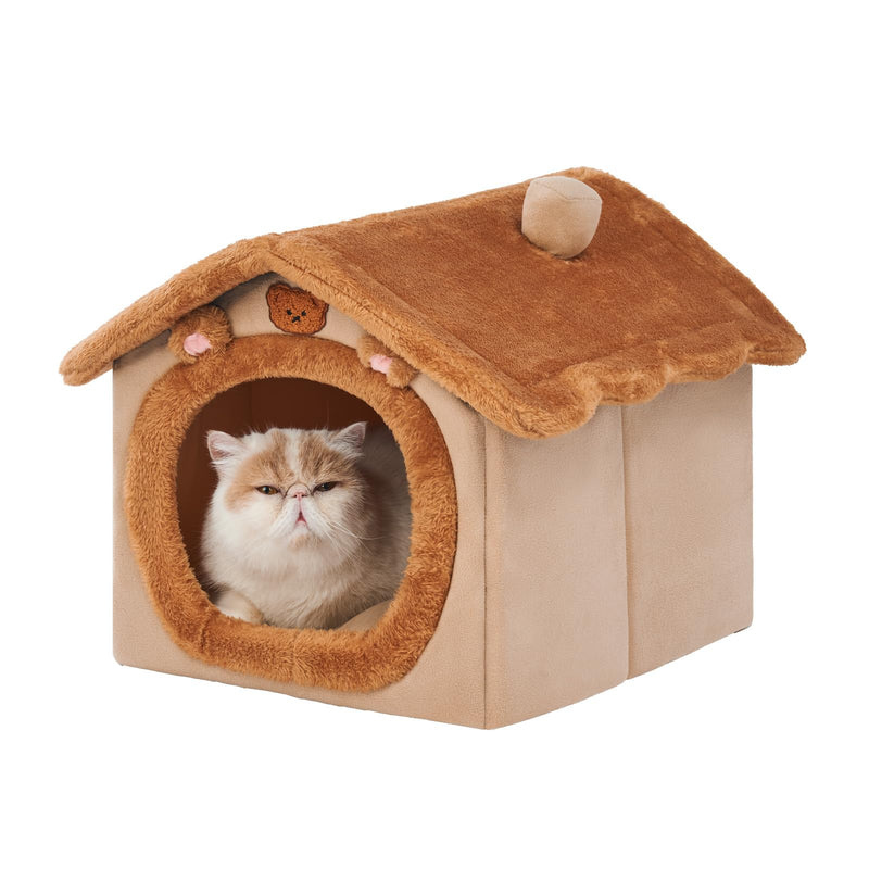 JIUPETY Cute Cat Beds for Indoor Cats, Foldable Cat House with Non-Slip Bottom, S Size Kitten Bed Up to 8 Lbs Kitty, Brown Small Brown Bear - PawsPlanet Australia