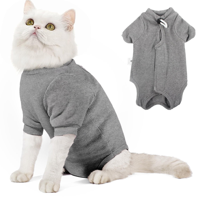 Dotoner Cat Surgery Recovery Suit for Female Male Anti-Licking Pet Surgical Pajamas Long Sleeve Prevent Shedding Cat Spay Recovery Suit&E Collar Alternative Bodysuit for Cats L Grey - PawsPlanet Australia