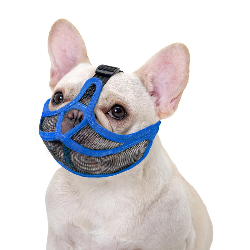 Short Snout Dog Muzzle, Won’t cover forehead Bulldog Muzzle Adjustable Breathe Mesh, Anti Bitting Chewing Barking(S,Blue) S Blue - PawsPlanet Australia