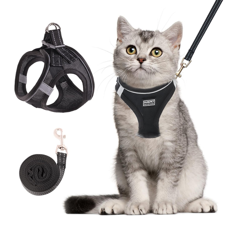 Cat Harness and Leash Set, Soft and Breathable Vest with Reflective Strip, Escape Proof Kitten Harness, Easy to Wear for Cats Walking and Traveling (Black, L) L (Chest:17''-19'') Black - PawsPlanet Australia