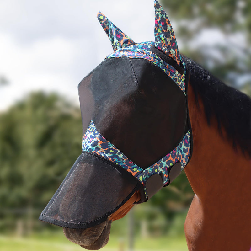 Harrison Howard Pro LumiVista Horse Full Face Fly Mask Large Eye Space Long Nose with Ears UV Protection for Horse Iridescent Prints L - PawsPlanet Australia