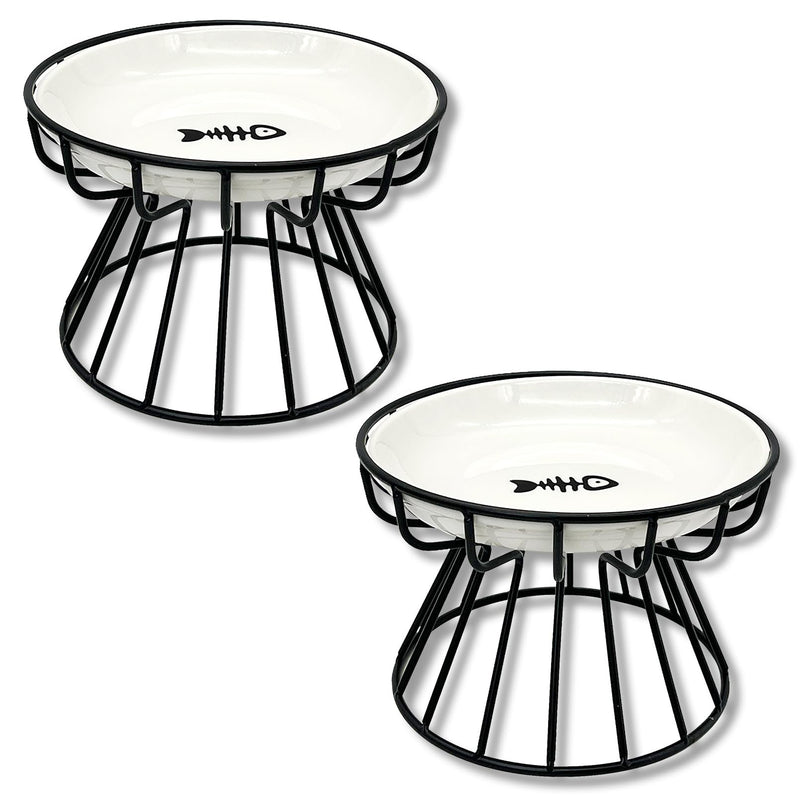 BNOSDM 2 Pcs Elevated Cat Bowls Ceramic Shallow Cat Food Bowl with Metal Stand, Raised Kitten Plate for Wet Food Anti Vomit Feeding Dish Set for Indoor Kitty and Small Cats Black【2 Pcs】 Fishbone - PawsPlanet Australia
