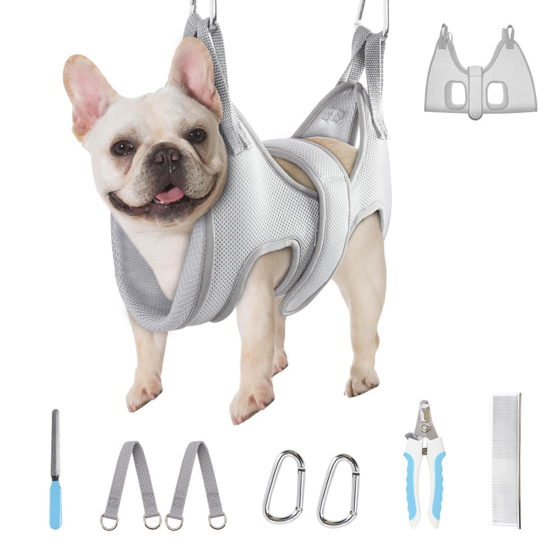 Supet Dog Grooming Hammock, New Pink Small Dog Sling for Nail Trimming, Back Protect Hanging Harness for Claw Care, Nail Trimming Restraint with Thick Fabric M（ Legs Spacing：9"-12.5" / Max W：30-50LBS ） Grey - PawsPlanet Australia