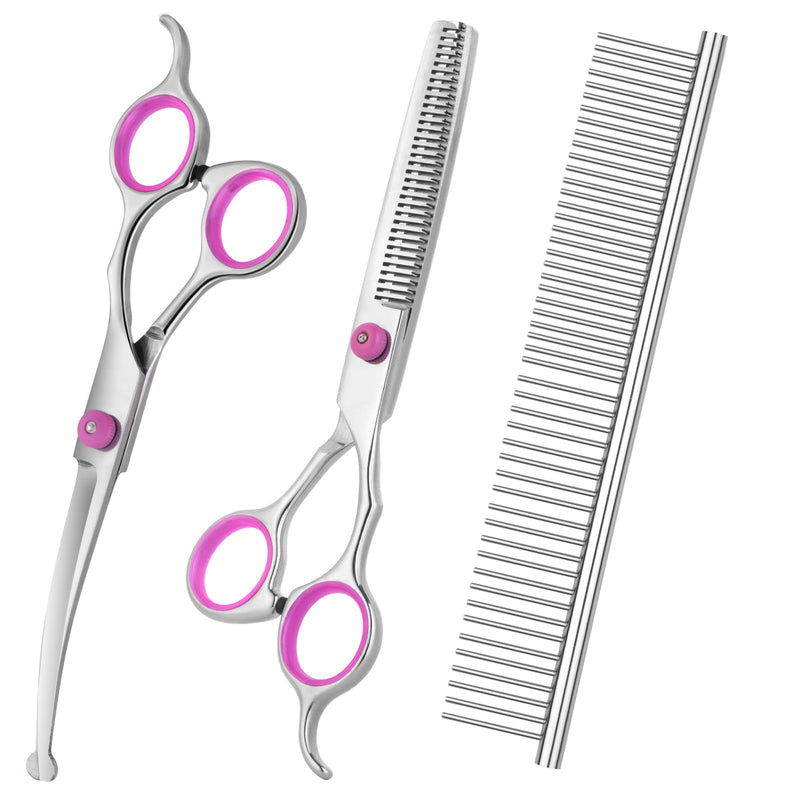 Dog Grooming Scissors with Safety Round Tips Stainless Steel Professional Pet Grooming scissors Kit - Thinning, Curved Scissors and Comb for Dogs Cats - Pink Pink Set of 3 - PawsPlanet Australia