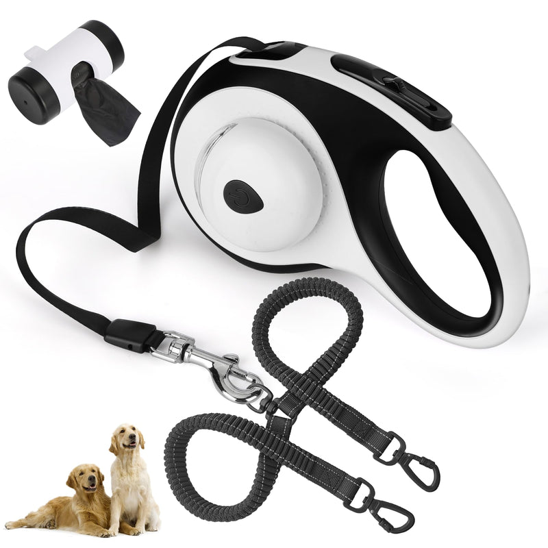 Dual Retractable Dog Leash for 2 Large Dogs (Up to 110LBS Each) - Double Headed Pet Leash with Poop Bags and LED Light, One Button Brake & Lock, 360 Tangle-Free (WHITE, LARGE) WHITE - PawsPlanet Australia