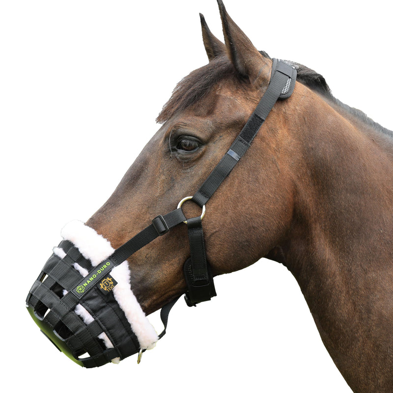 T TEKE Nano-Duro II Deluxe Horse Grazing Muzzle with Fleece Fur Lining, Full Adjustable Neoprene Cushion Halter Black COB