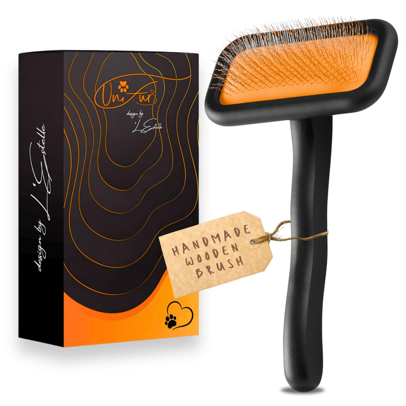 Black Medium Dog Slicker Brush for Dogs and Cats Grooming | Detangle, Fluff & Volumize | Soft Vented Cushion | Matt Rubberized Paint | Ergonomic Handle | Wire Brush | Orange Details - PawsPlanet Australia