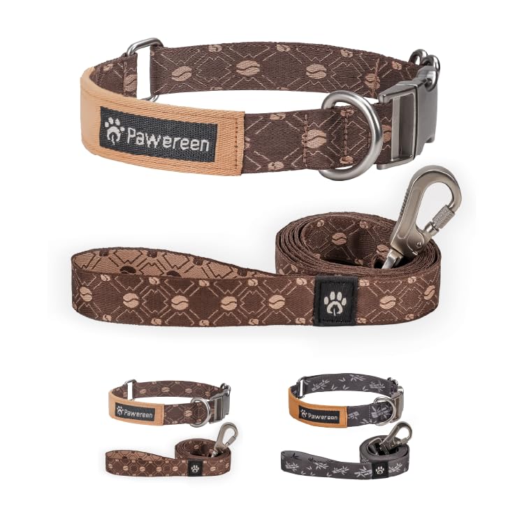 Eco-Friendly Dog Collar and Leash Set, Recycled Soft-Woven Material, Unique Design, Weave Pattern, Cute and Fashionable, Adjustable Size for Small/Medium/Big Dog, Coffee, Size S S (11.8-15.8inch) Coffee-Set - PawsPlanet Australia