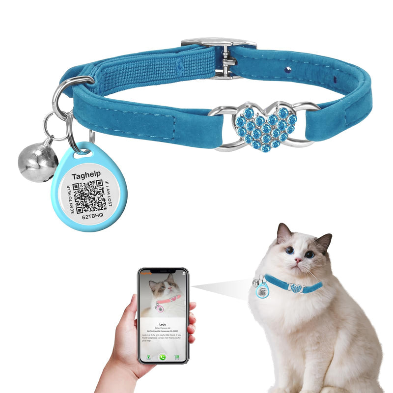 Heart Bling Cat Collar with Safety Belt and Bell Adjustable 8-13 inches for Kitten,Personalized Cat Collar with QR Code Smart ID tag, Pet Name and Phone Number on line,NO app (Blue) blue - PawsPlanet Australia
