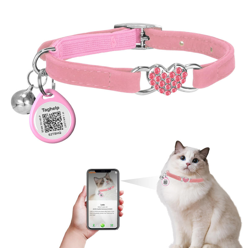 Heart Bling Cat Collar with Safety Belt and Bell Adjustable 8-13 inches for Kitten,Personalized Cat Collar with QR Code Smart ID tag, Pet Name and Phone Number on line,NO app (Pink) pink - PawsPlanet Australia