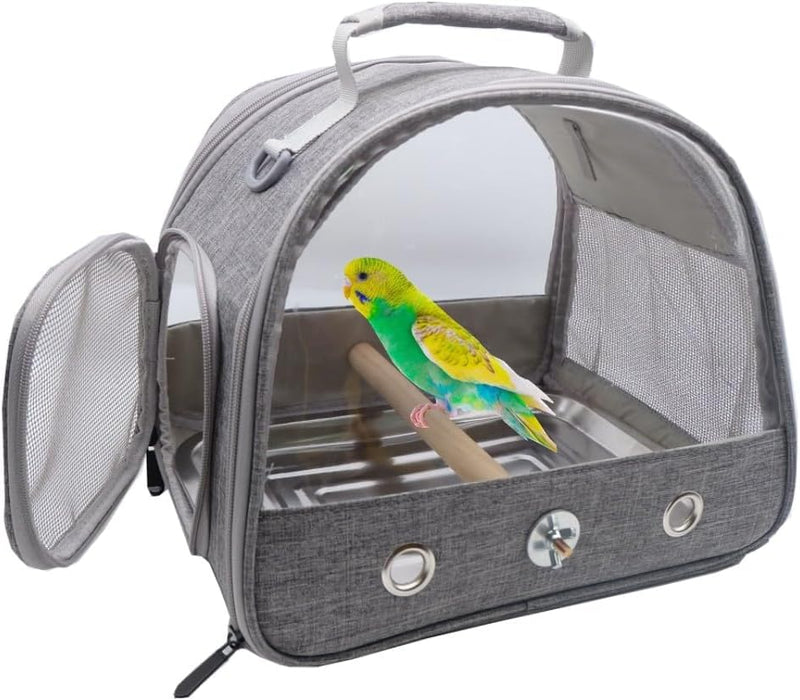 Bird Travel Carrier with Stand Perch and Stainless Tray,Portable Small Bird Parrot Parakeet Cockatiel Carrier for Hiking,Airline Approved. (Grey) - PawsPlanet Australia