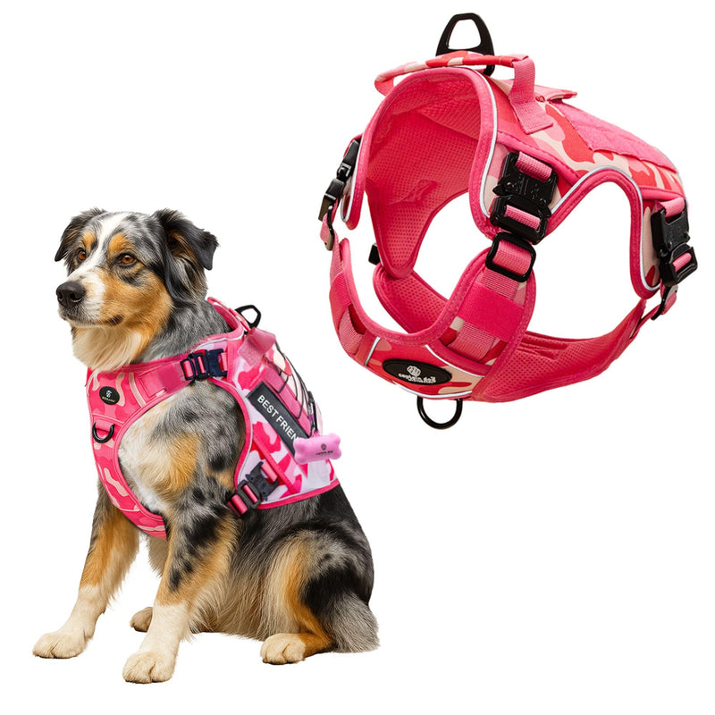 Pink No Pull Harness Vest for Medium Sized Dog with 4 Metal Buckles & Double Stitching CAPTAIN DOG - Reflective Pink Camo, Heavy Duty Girly Dog Harness, Tactical Harness with Poop Bag Holder. - PawsPlanet Australia
