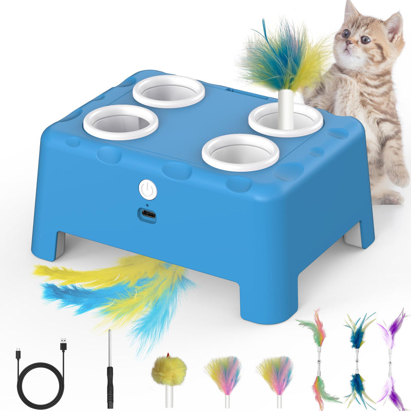 Interactive Cat Toys, 2-in-1 Automatic Cat Toy, 4 Holes Mice Whack A Mole Cat Mouse Toy with Moving Feather, Portable USB Rechargeable Electronic Kitten Toys (Blue) Blue - PawsPlanet Australia
