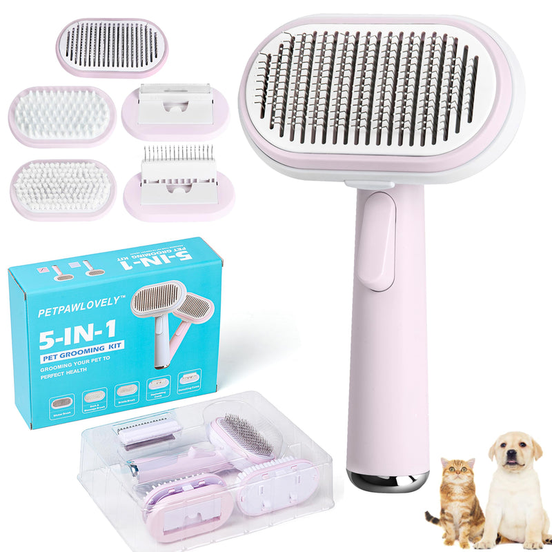 5 IN 1 Pet Grooming Brush Kit,Dog&Cat Self Cleaning Slicker Brush for Shedding.Dematting&Deshedding Dog Brush,Dog Hair Brush,Suitable for Small&Large,Long&Short Haired Pets.(Pink) Pink - PawsPlanet Australia