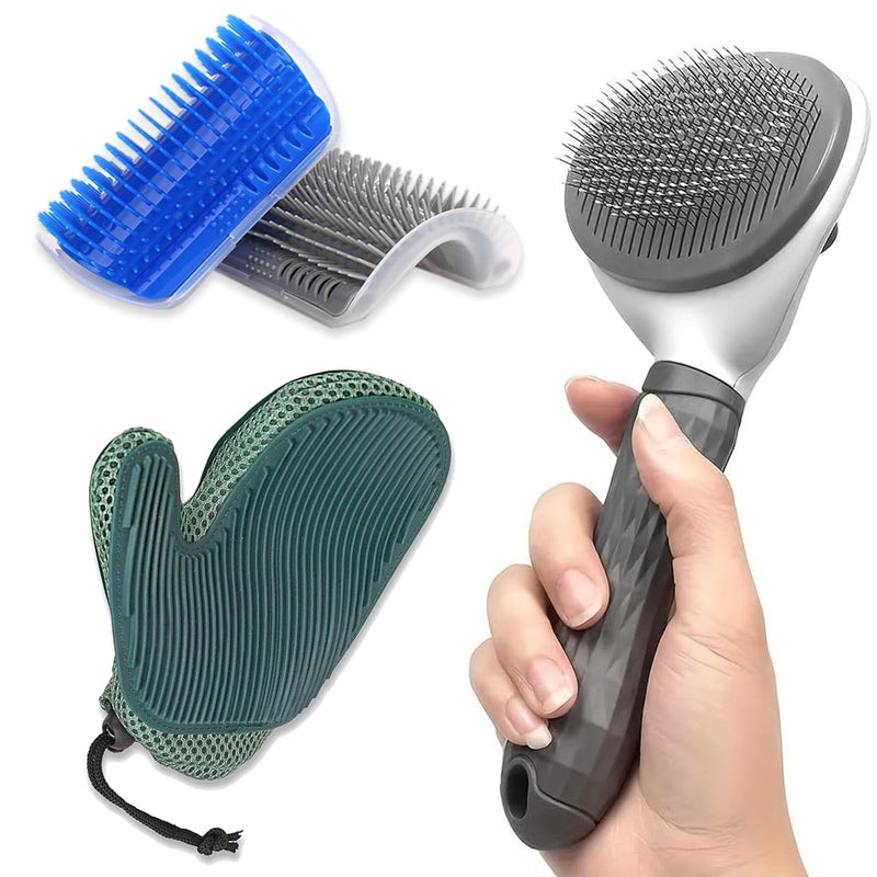 4 Pcs Cat Brush Kit for Indoor Cats, Self-Cleaning Slicker Cat Brush, Cat Brush Glove, and 2 Cat Wall Scratchers for Easy Shedding, Detangling, and Relaxing Grooming for Long and Short-Haired Cats - PawsPlanet Australia