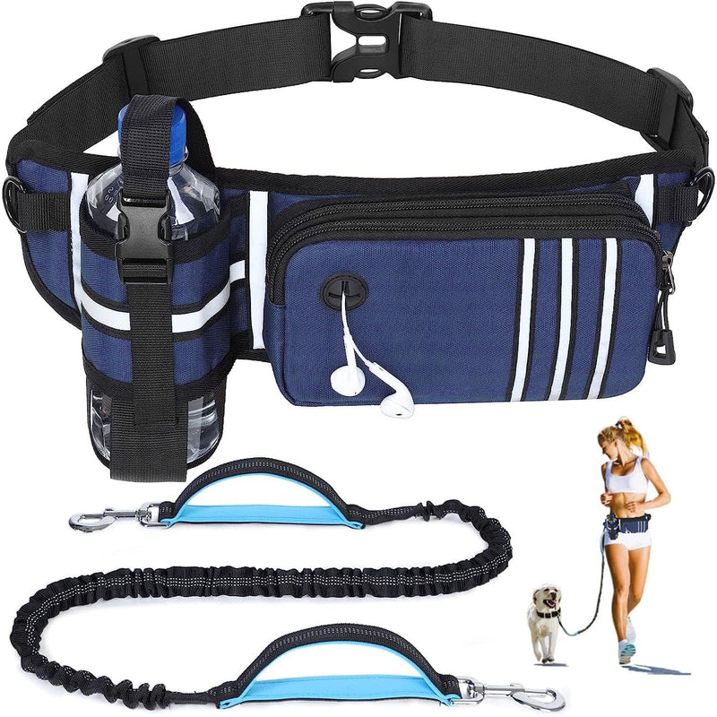 Hands Free Dog Leash with Waist Bag for Medium to Large Dogs, Dual-Handle Reflective Bungee Leash with Poop Bag Dispenser Pouch, Adjustable Waist Belt for Night Walking Jogging Hiking - PawsPlanet Australia
