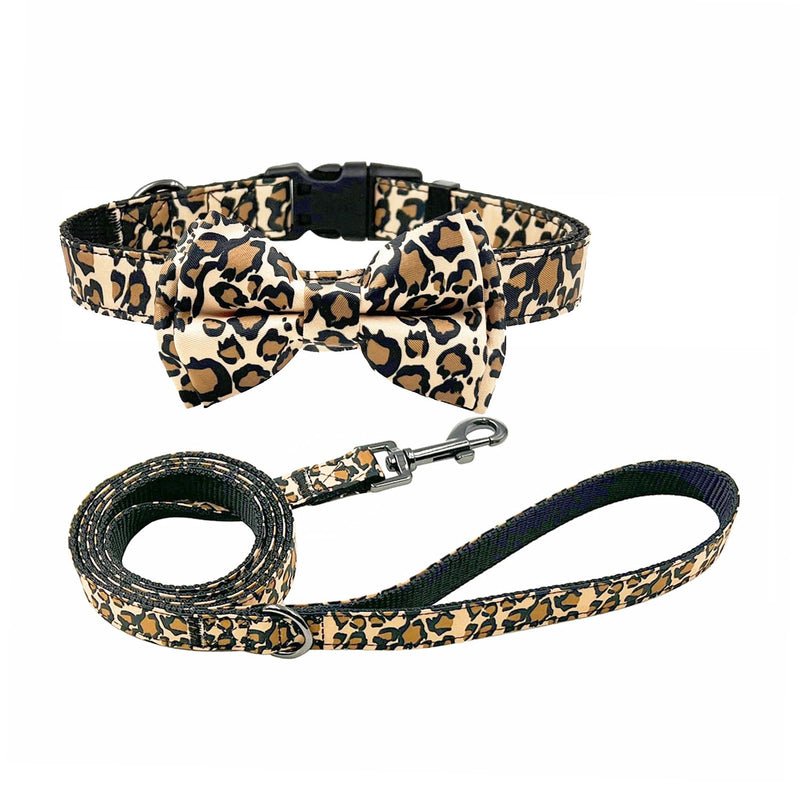 Bowtie Dog Collar and Leash Set, Nylon Webbing with Leopard Ribbon, 5ft Matching Leash, for Small Dogs.(S, Leopard) - PawsPlanet Australia