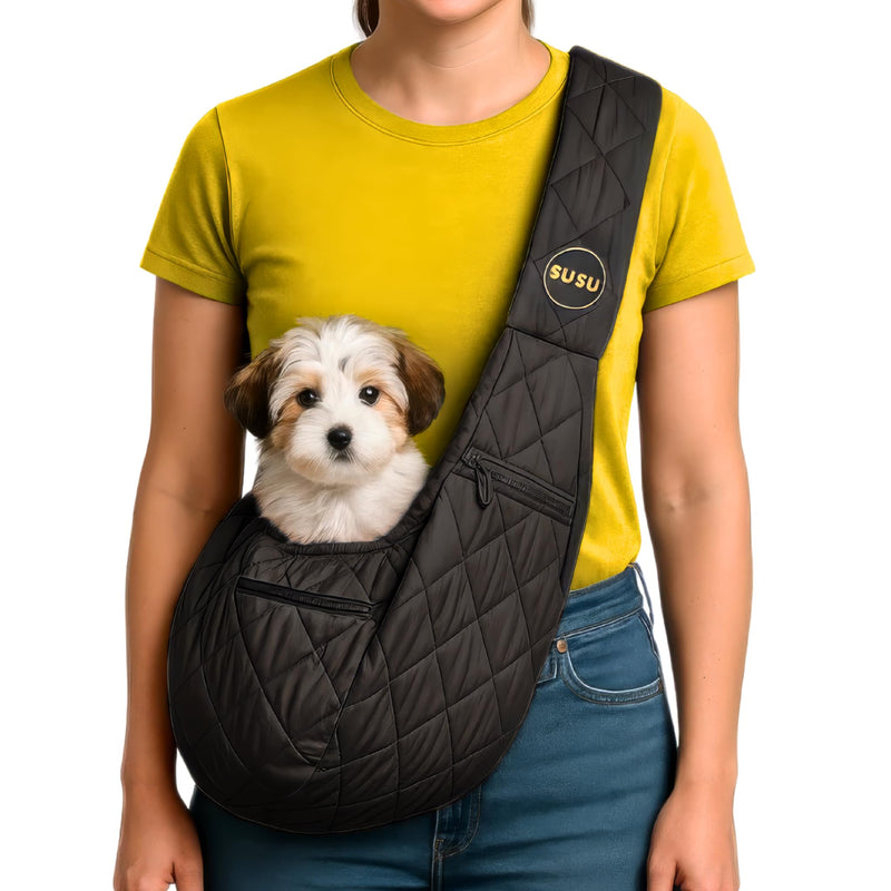 SUSU Small Dog Sling Carrier – Silk Black 2‑in‑1 Cross‑Body & Handheld Pet Sling for Small Dogs up to10 lbs, Ultra‑Soft Parachute‑Grade Nylon, Safety Tether & Dual Zippered Pockets - PawsPlanet Australia