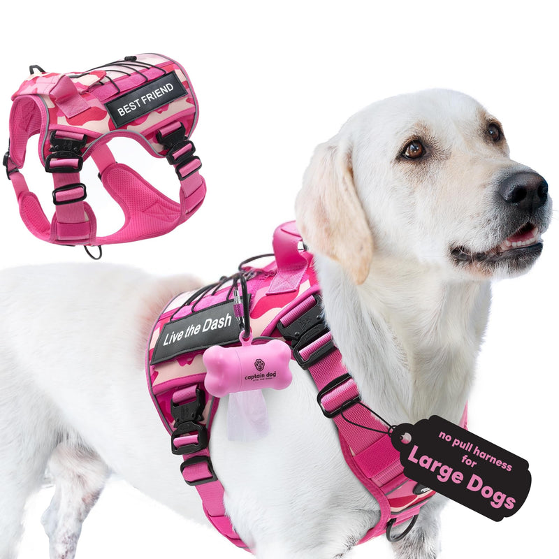 No Pull Dog Harness for Large Dogs, 4 Metal Buckles&Double Stitching CAPTAIN DOG - Reflective Harness Large Size Dog with 2 Removable Patches, Tactical Dog Harness with Poop Bag Holder - Pink Camo - PawsPlanet Australia