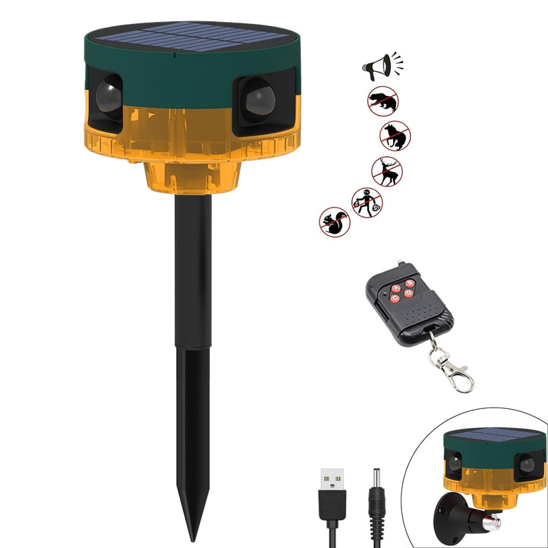 Solar Outdoor Motion Sensor Alarm: Dog Barking&Gunshot Sound, 129db Loud Siren,Support Recording, 13 Kinds of Sound Strobe Light Yellow 1 Pack