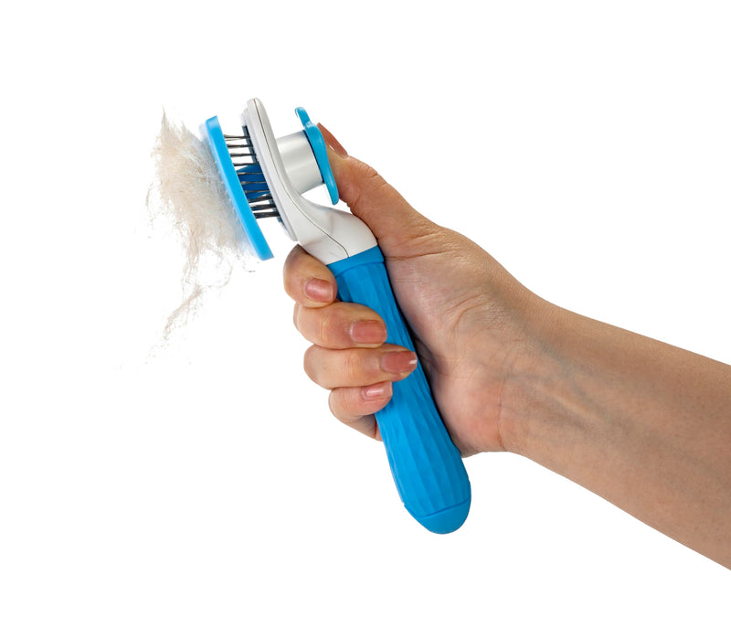Self Cleaning Slicker Brush - PINK/GREY/BLUE - 1Pc- Pet Grooming Shedding Brush for Dogs and Cats - Remove Loose Undercoat & Tangles - Massaging Tool for Long or Short Hair Blue - PawsPlanet Australia