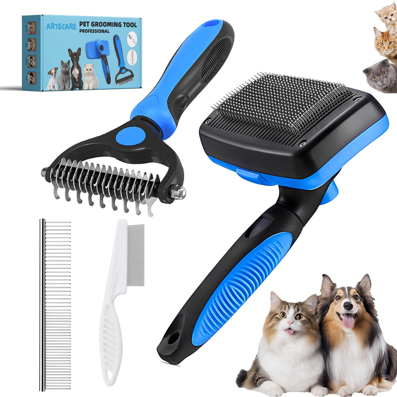4 in 1 Pet Grooming Kit Dematting tool Stainless Steel Comb Deshedding Brush for Dog and Cat With Long Hair - PawsPlanet Australia
