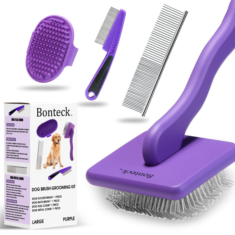 Dog Slicker Brush for Dogs Grooming Kit 4PCS | Large Dog Brush for Goldendoodles Poodles Doodles | Long Pin Haired Brush | Poodle Brushes and Comb (Purple) Purple - PawsPlanet Australia