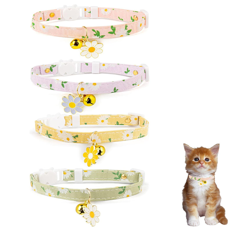 4 Pack Cotton Breakaway Cat Collar with Bell,Safety Adjustable Cat Collars Set with Flower Pendant,Ideal for Girl Cats Boy Cats Daisy - PawsPlanet Australia