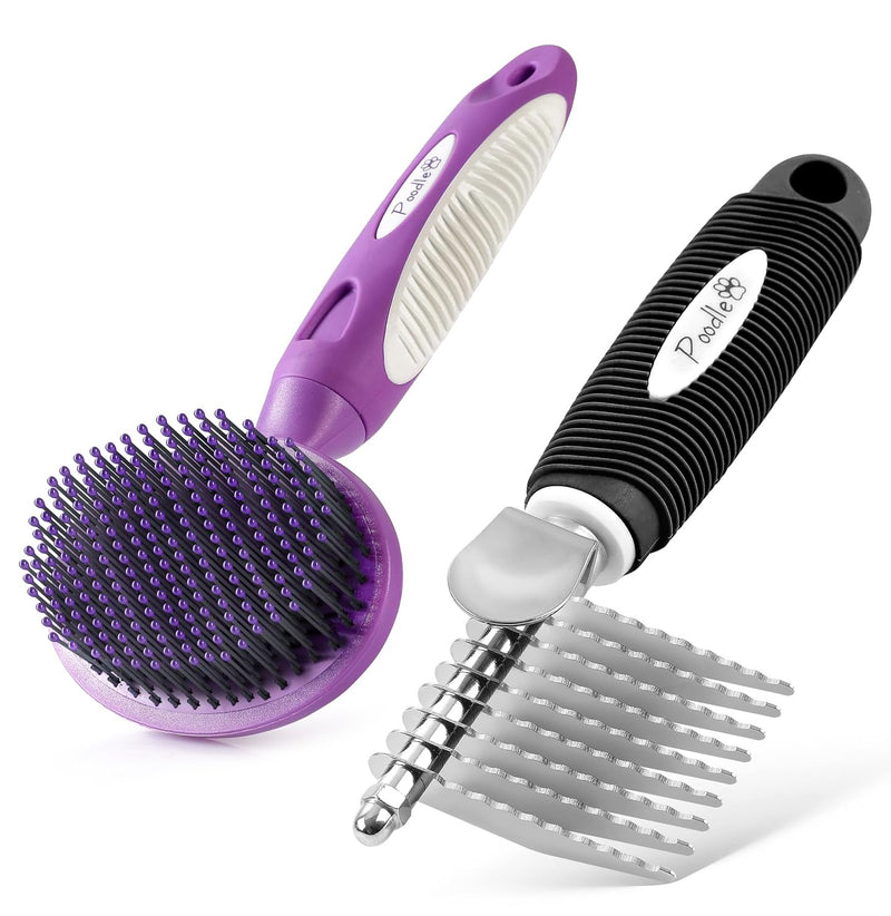 Poodle Pet Bundle - Round Bristle Pet Brush for Dogs and Cats + Dematting Fur Rake Comb Brush for Dogs and Cats for Detangling Matted or Knotted Undercoat Hair - PawsPlanet Australia
